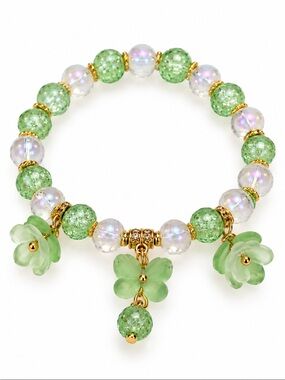 Green & Iridescent Round Beaded Floral Charm Stretch Bracelet